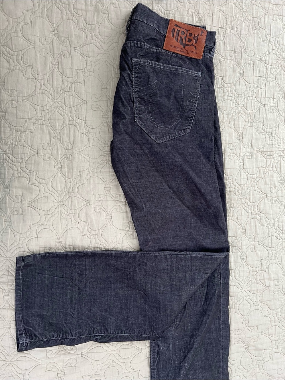 True Religion Men's Straight Jeans in Dark Blue with Leather Patch